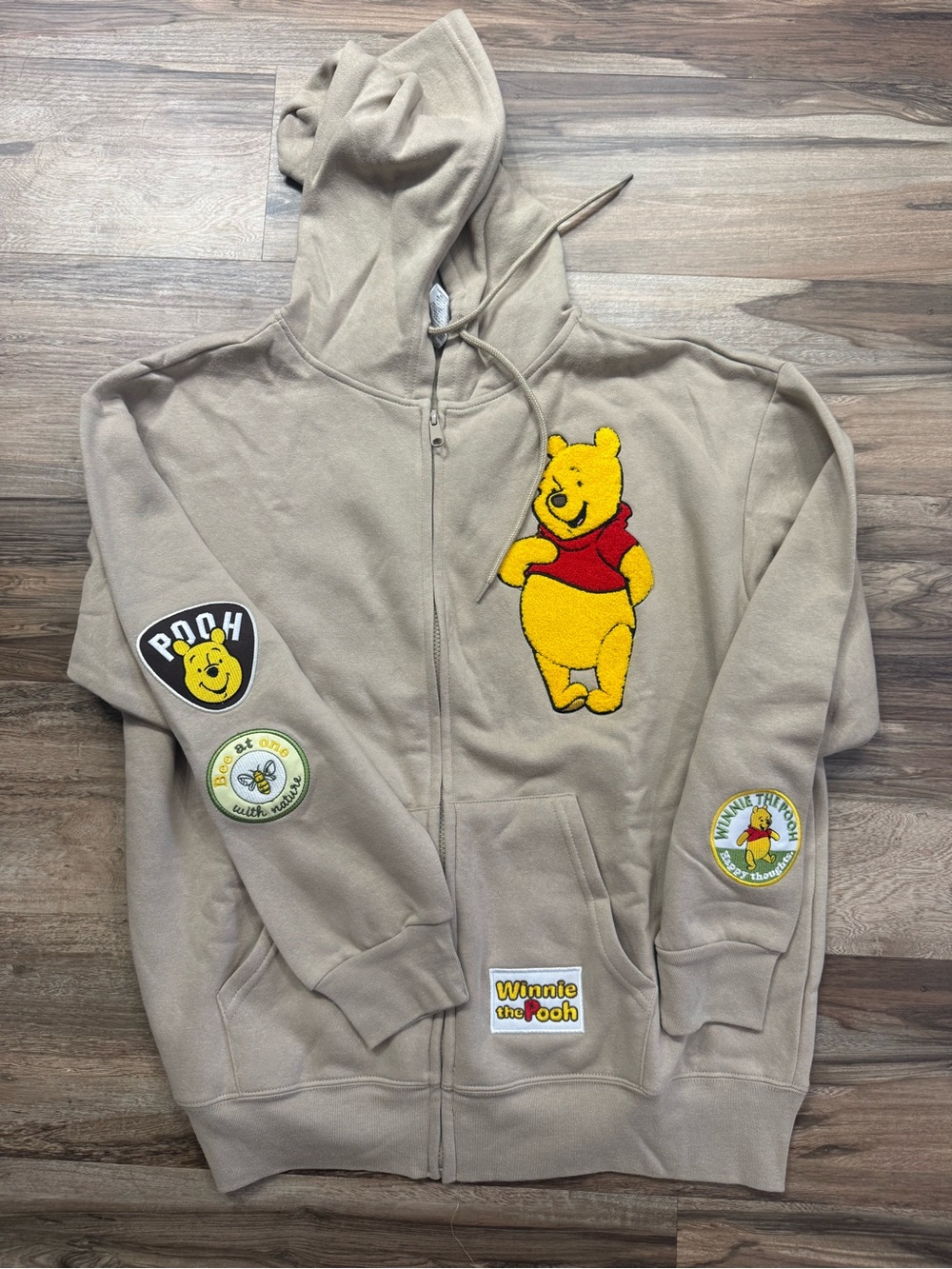 NWOT Disney Beige Winnie the Pooh Patch Zip Hoodie